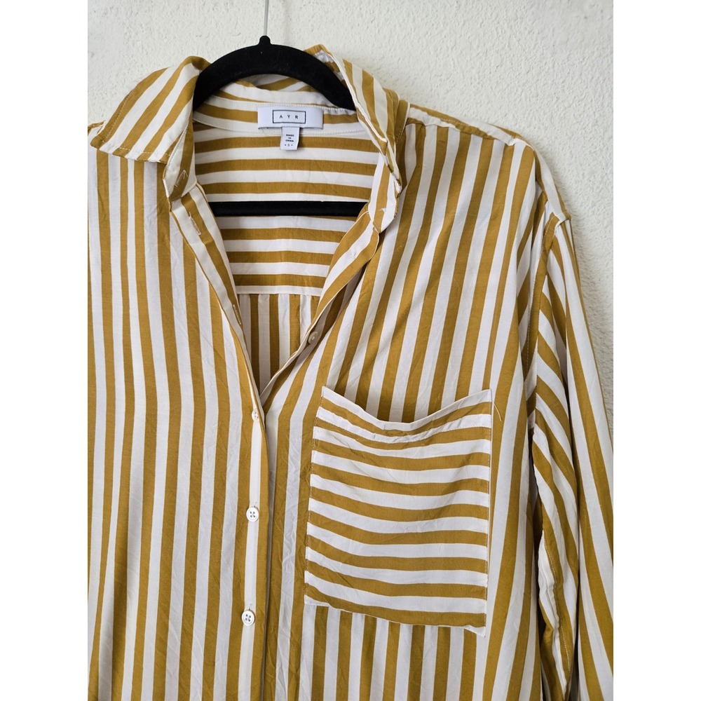 AYR Womens S The Deep End Button Down Shirt Yellow Stripe Silk Blend Oversized - Picture 5 of 10